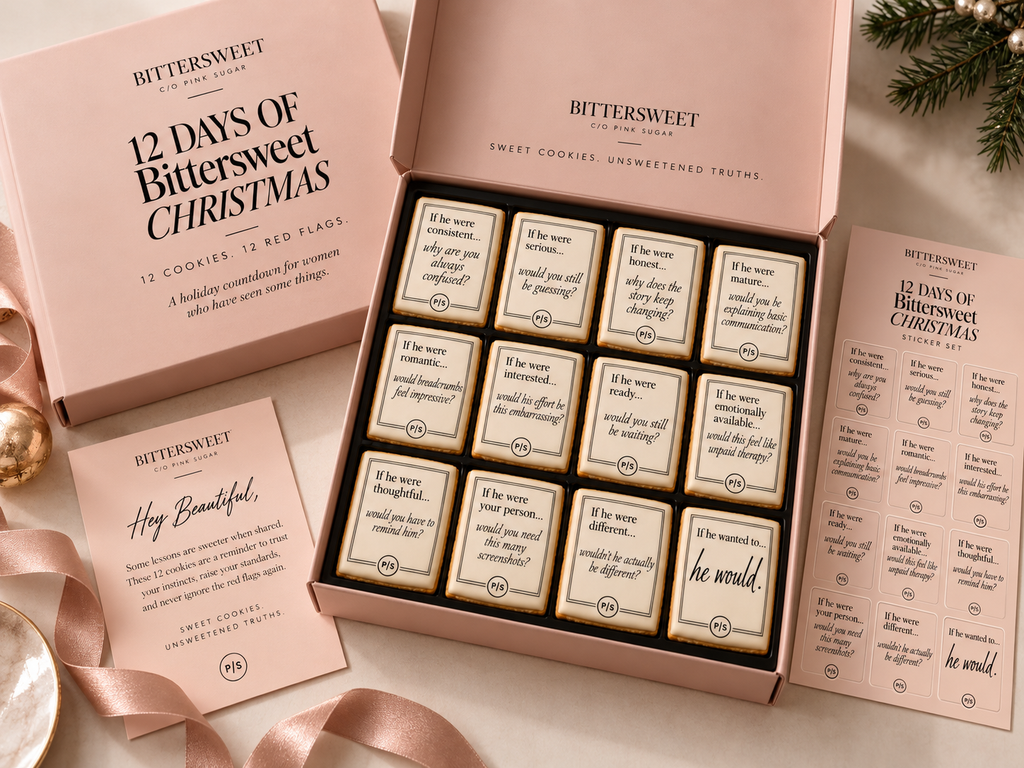 12 Days of Bittersweet Christmas gift box with 12 portrait cookies, insert card, and sticker sheet