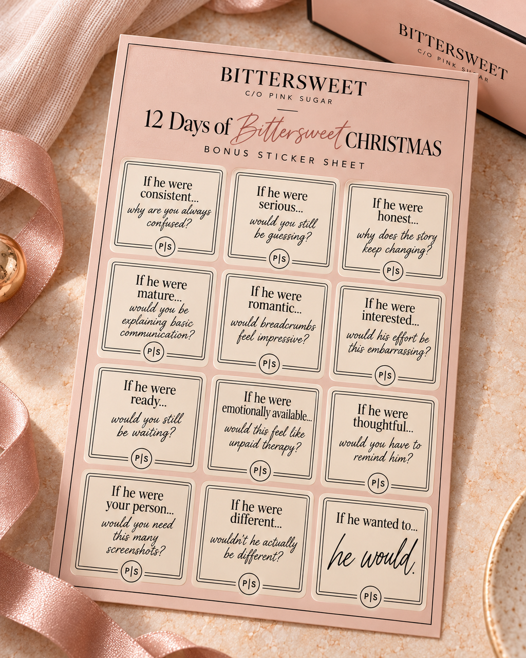 12 Days of Bittersweet Christmas bonus sticker sheet with all 12 sayings