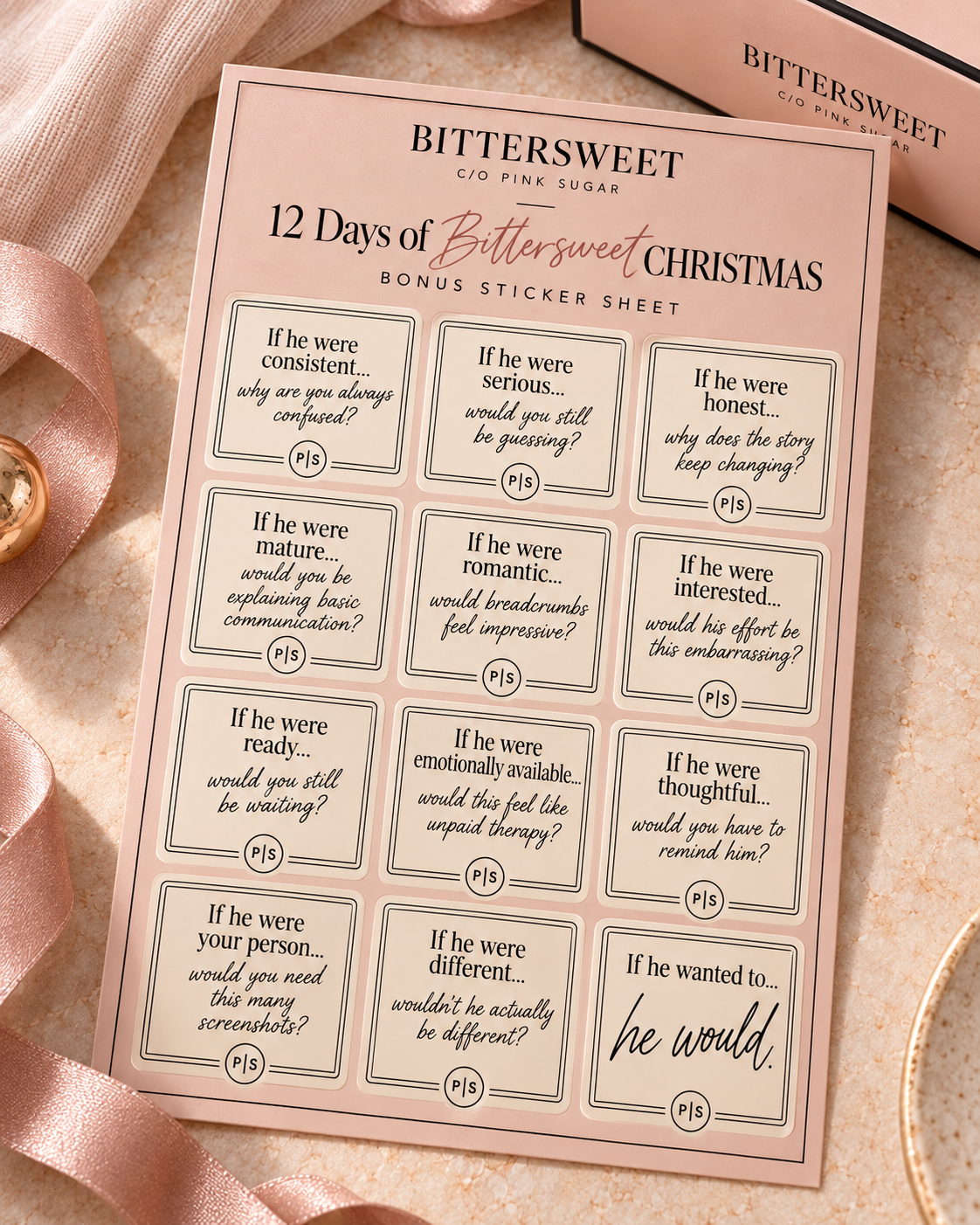 12 Days of Bittersweet Christmas bonus sticker sheet with all 12 sayings